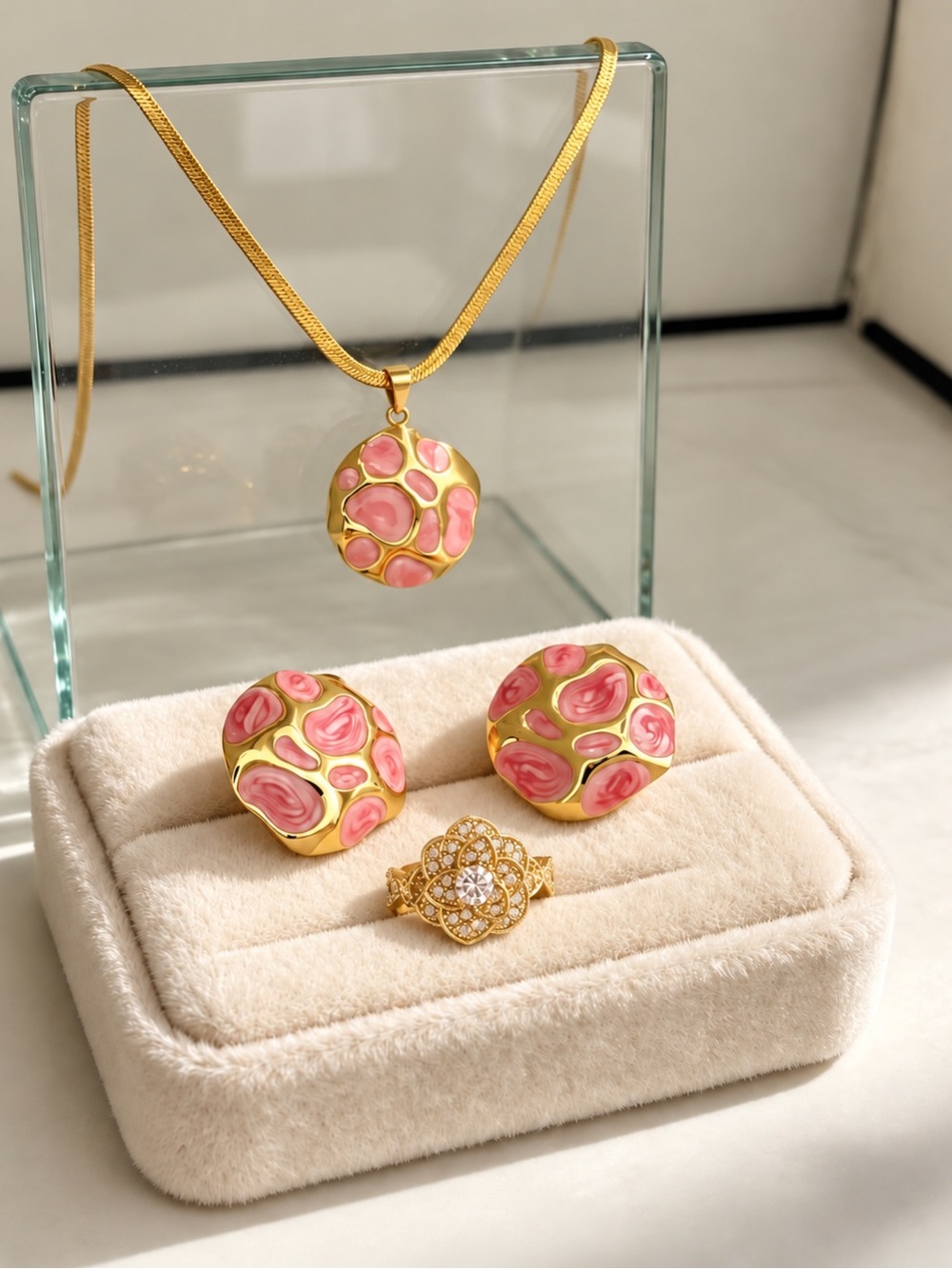 Gold Pendant Necklace Set with Gold and Pink Enamel Accents